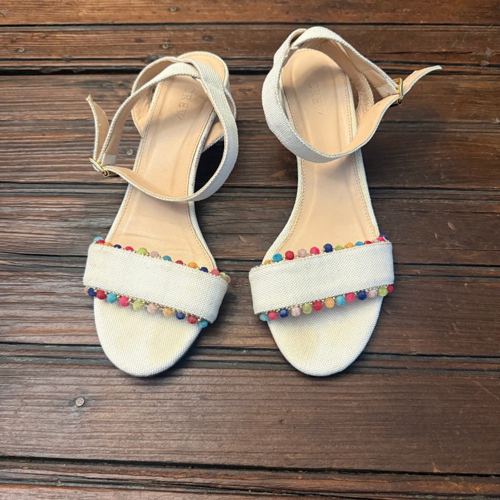 J. Crew Lottie Sandals Ivory Canvas Rainbow Pom Pom Block Heel Womens 9
